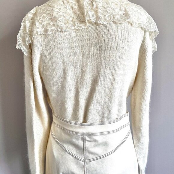 Vintage 80s Ivory Silk Angora Lace Pearl Bib Victorian Sweater - Small - Picture 5 of 9